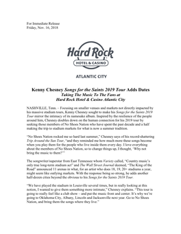 Kenny Chesney Songs for the Saints 2019 Tour Adds Dates Taking the Music to the Fans at Hard Rock Hotel & Casino Atlantic City