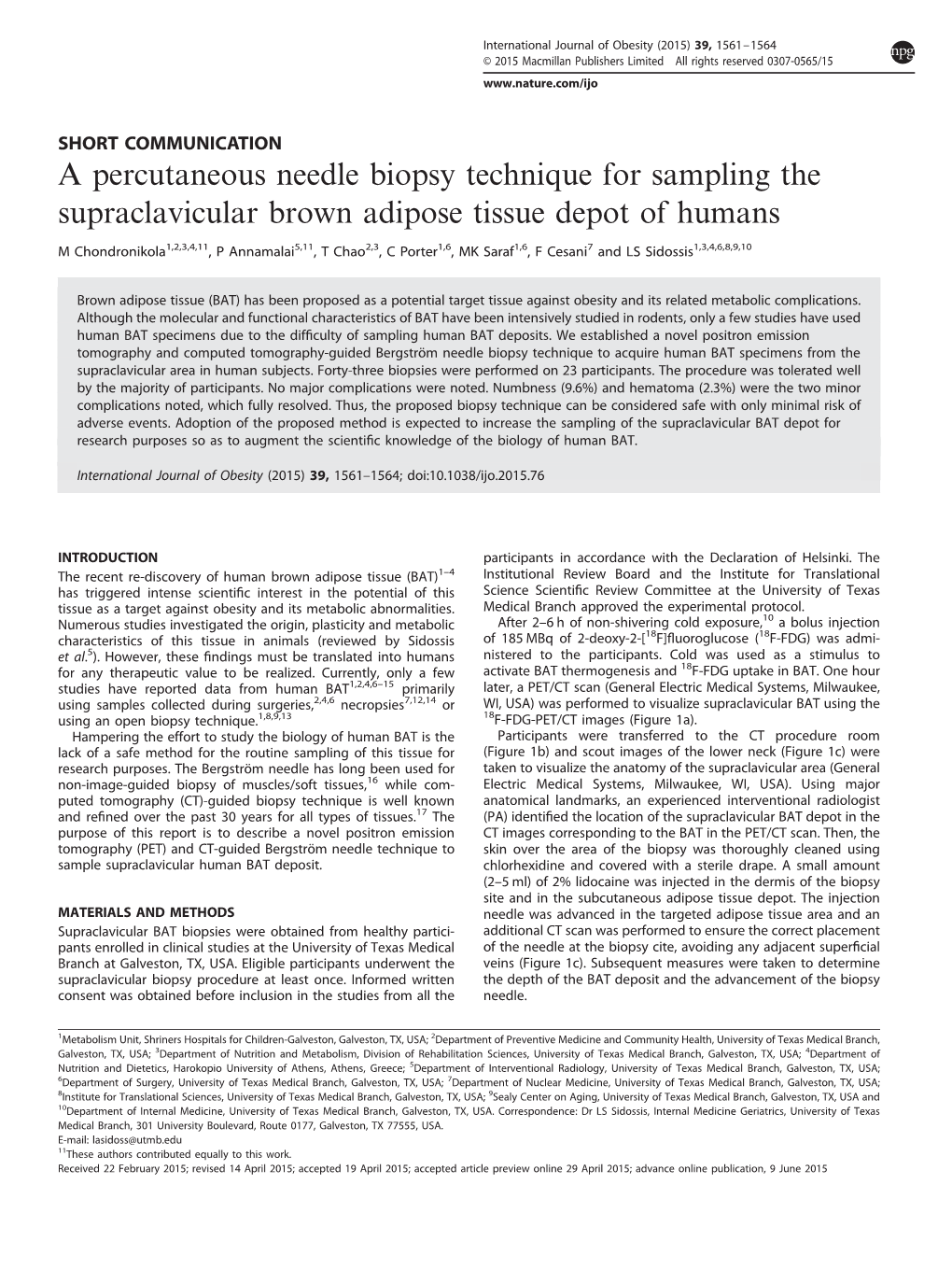 A Percutaneous Needle Biopsy Technique for Sampling the Supraclavicular Brown Adipose Tissue Depot of Humans