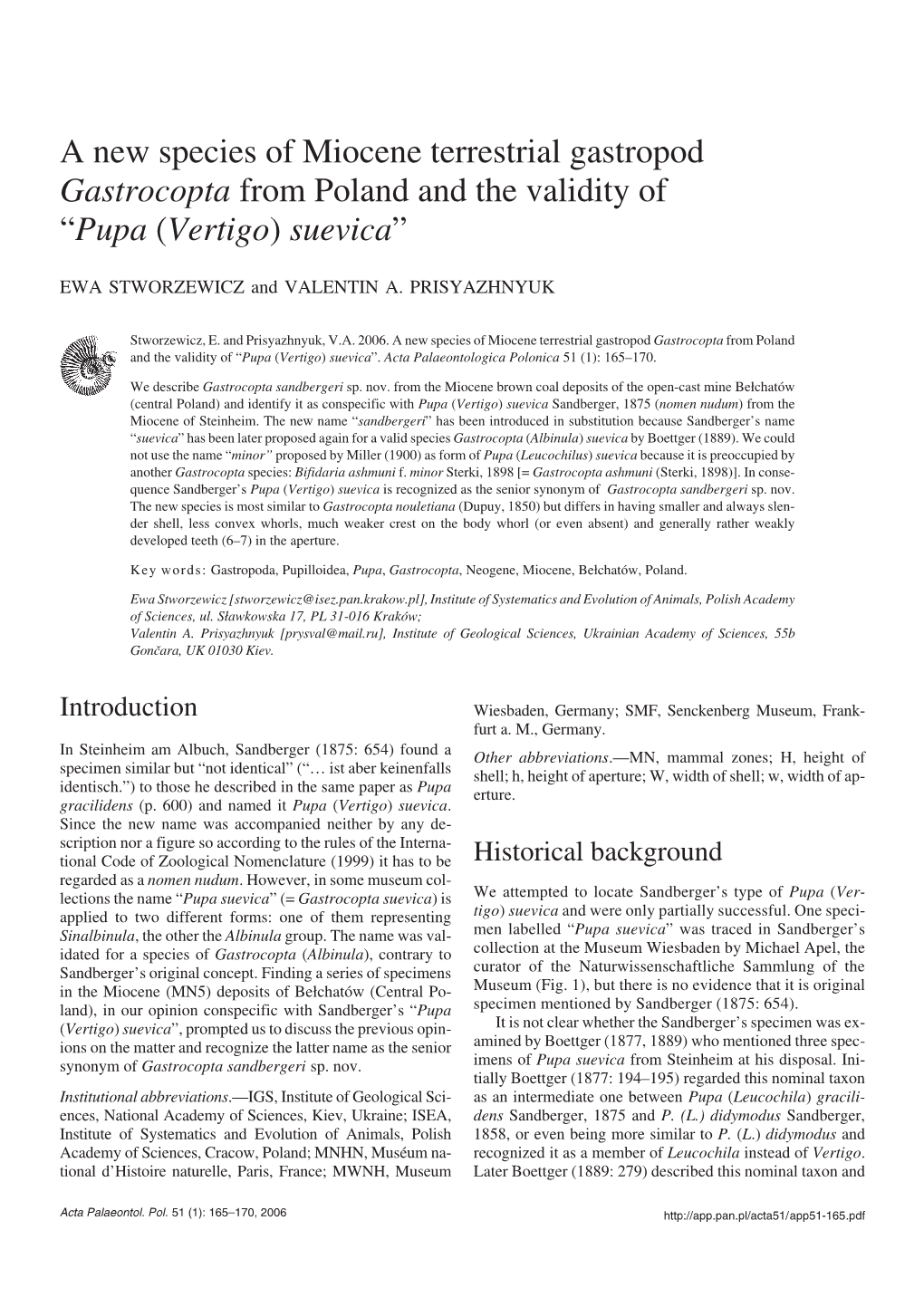 A New Species of Miocene Terrestrial Gastropod Gastrocopta from Poland and the Validity of “Pupa (Vertigo) Suevica”