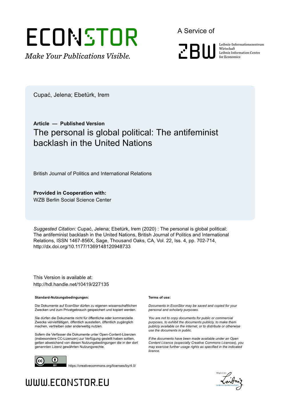 The Personal Is Global Political: the Antifeminist Backlash in the United Nations