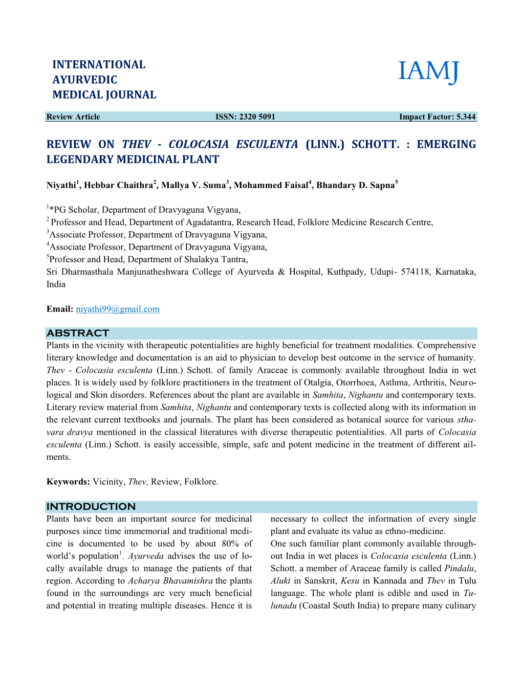 Review on Thev - Colocasia Esculenta (Linn.) Schott