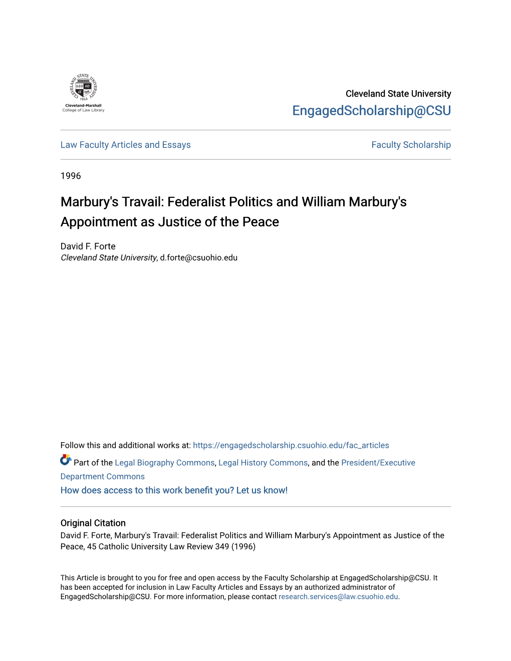 Marbury's Travail: Federalist Politics and William Marbury's Appointment As Justice of the Peace