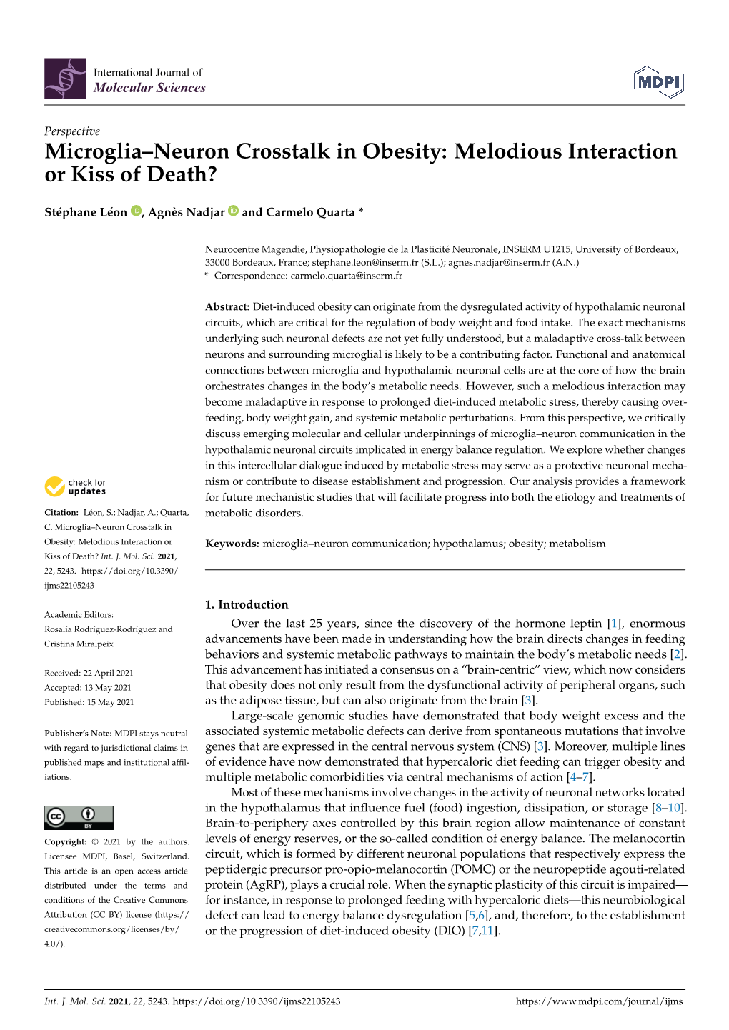 Microglia–Neuron Crosstalk in Obesity: Melodious Interaction Or Kiss of Death?