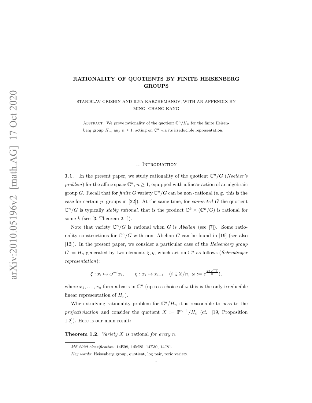 Arxiv:2010.05196V2 [Math.AG] 17 Oct 2020 Group Problem Aefrcertain for Case Some C Projectivization Ierrpeetto of Representation Linear Where 1.1