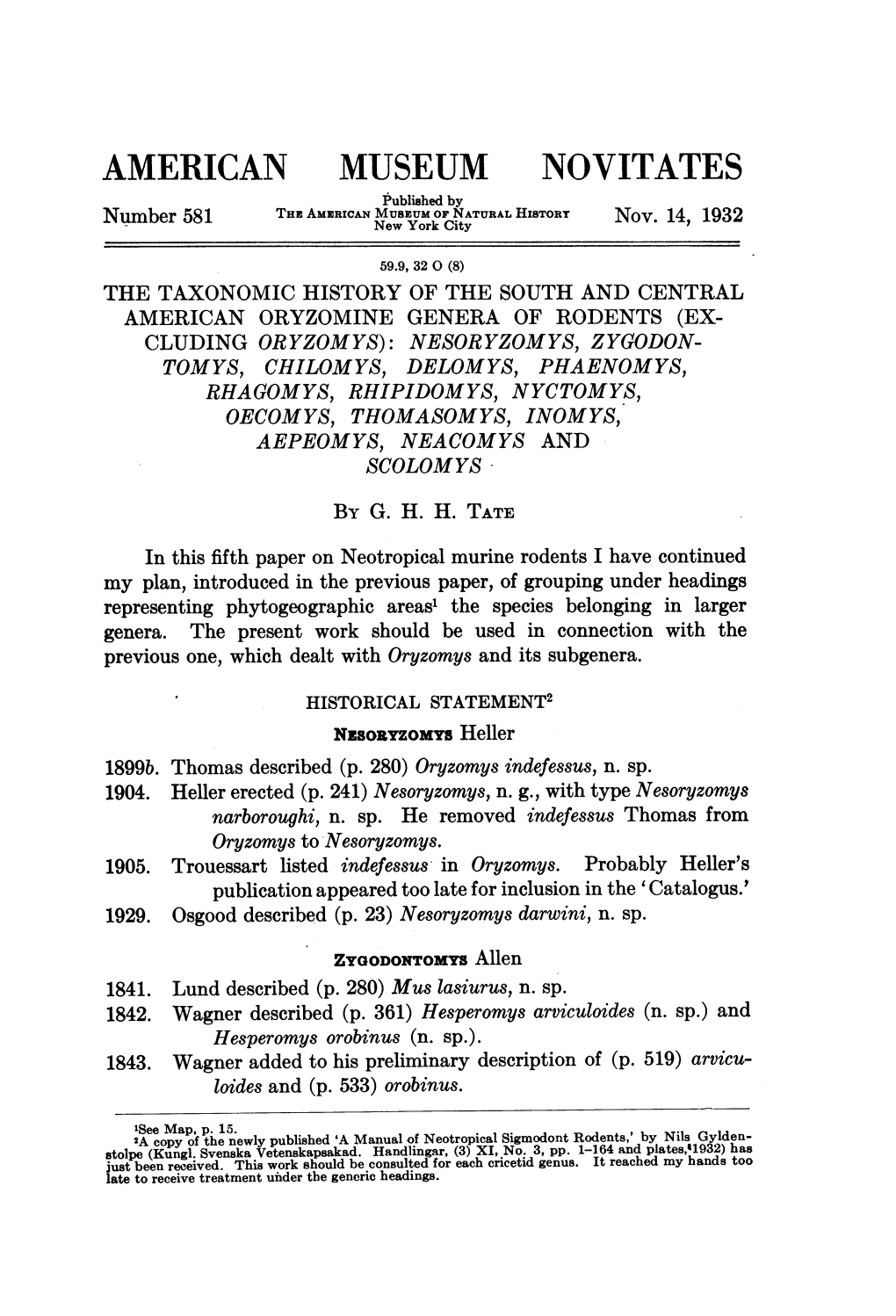 AMERICAN MUSEUM NOVITATES Published by Thz of NATURAL HISTORY 1932 Number 581 American Newmuseumyork City Nov