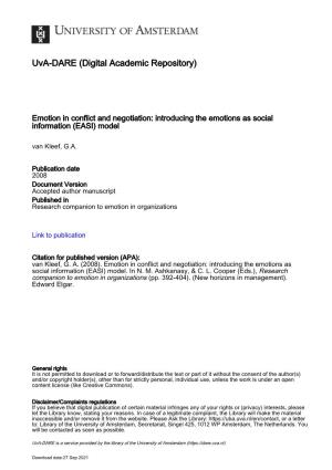 Emotion in Conflict and Negotiation: Introducing the Emotions As Social Information (EASI) Model Van Kleef, G.A