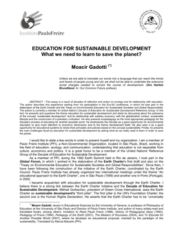 EDUCATION for SUSTAINABLE DEVELOPMENT What We Need to Learn to Save the Planet?