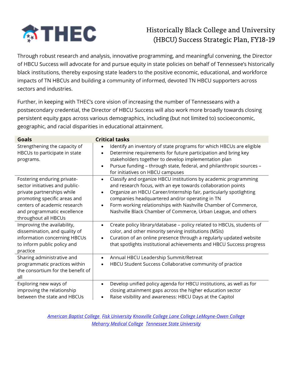 Historically Black College and University (HBCU) Success Strategic Plan, FY18-19