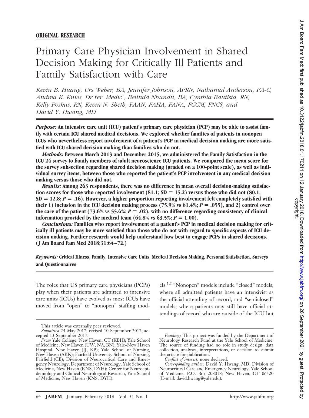Primary Care Physician Involvement in Shared Decision Making for Critically Ill Patients and Family Satisfaction with Care
