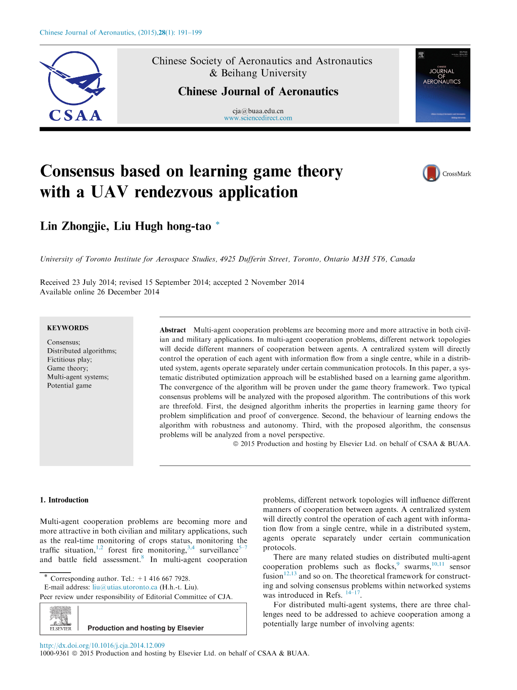 Consensus Based on Learning Game Theory with a UAV Rendezvous Application