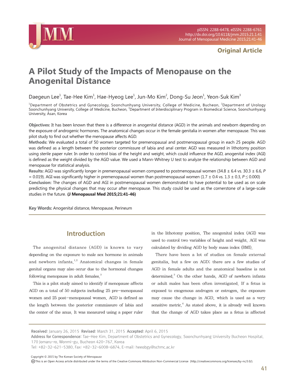 A Pilot Study of the Impacts of Menopause on the Anogenital Distance