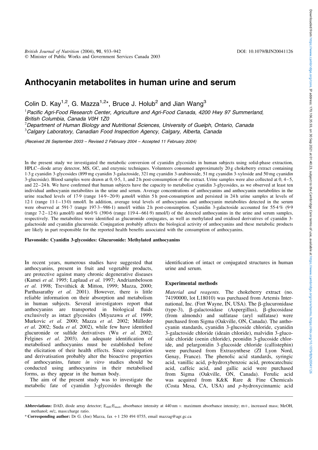 Anthocyanin Metabolites in Human Urine and Serum