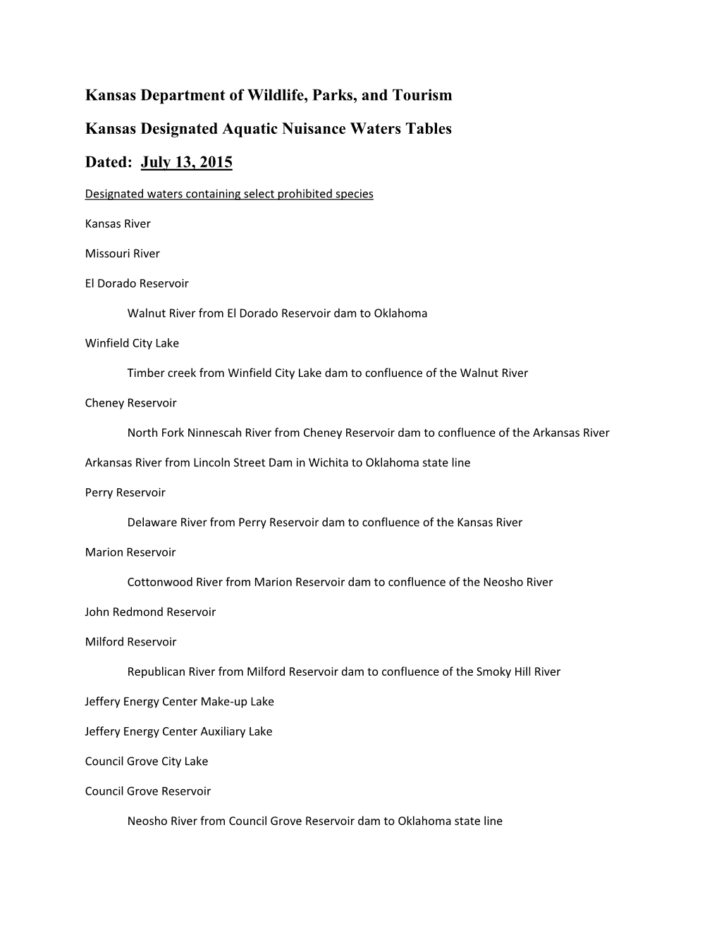 Kansas Department of Wildlife, Parks, and Tourism Kansas Designated Aquatic Nuisance Waters Tables Dated: July 13, 2015