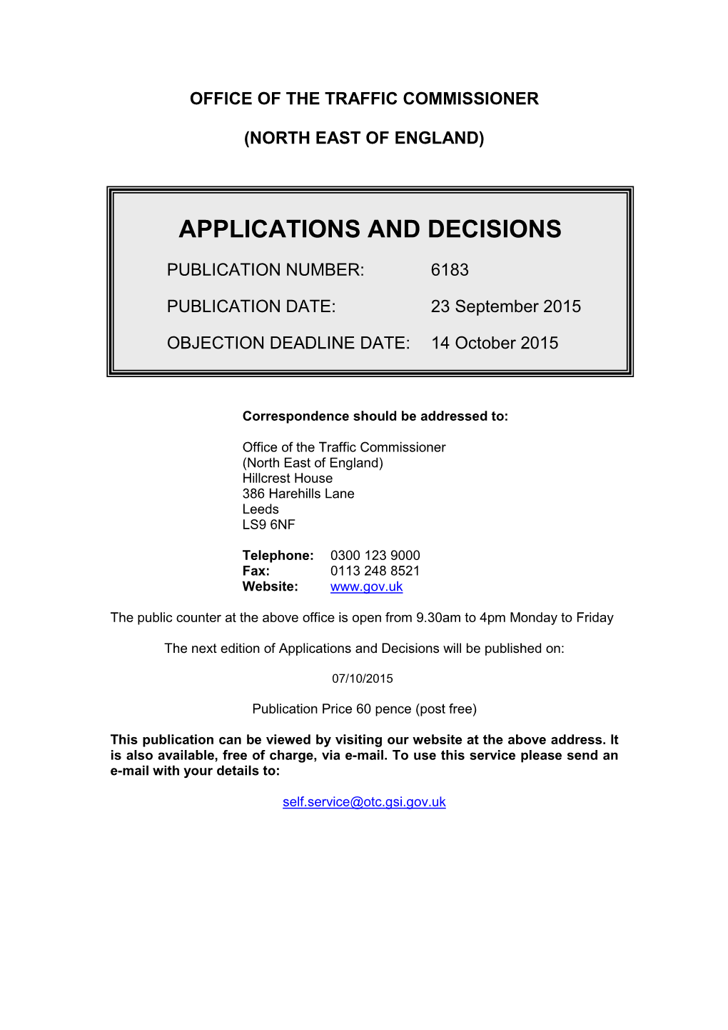 APPLICATIONS and DECISIONS 23 September 2015