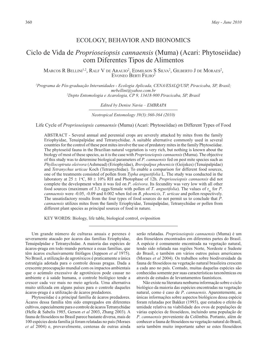 (Muma) (Acari: Phytoseiidae) Com Diferentes Tipos De Alimentos