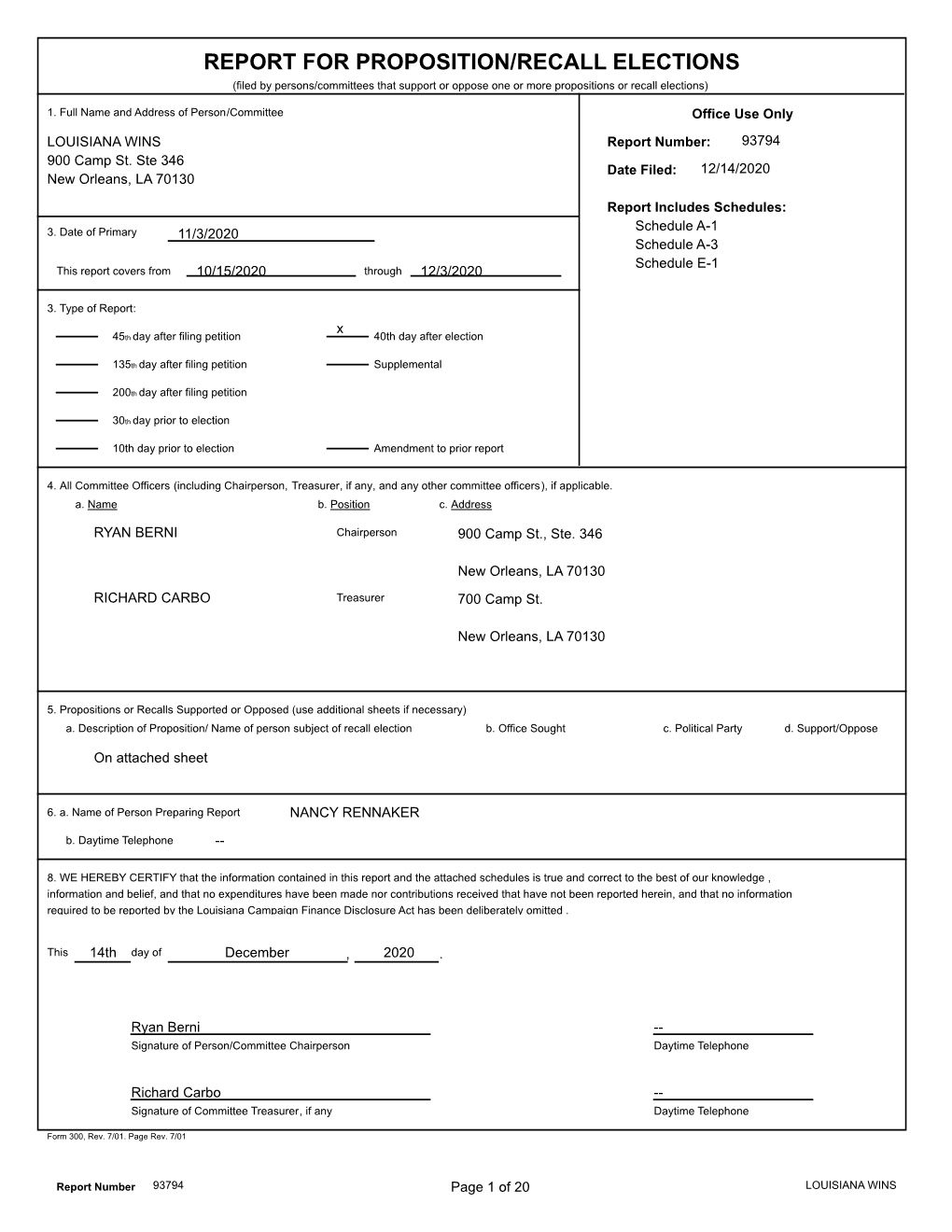 REPORT for PROPOSITION/RECALL ELECTIONS (Filed by Persons/Committees That Support Or Oppose One Or More Propositions Or Recall Elections)