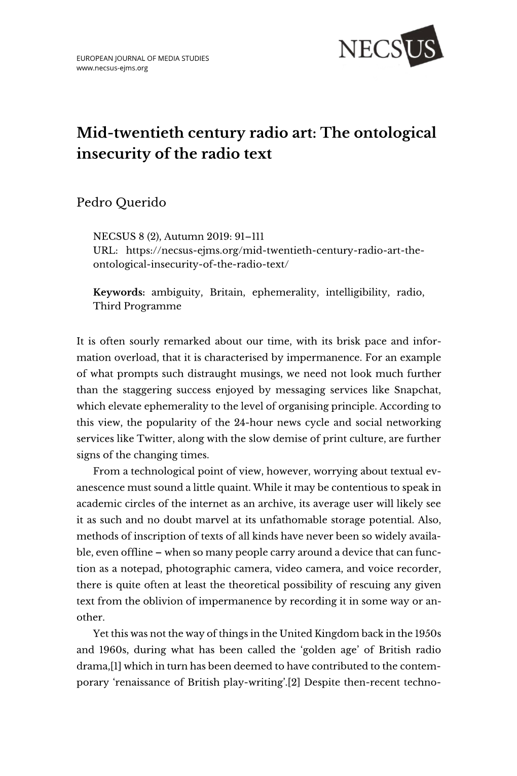 Mid-Twentieth Century Radio Art: the Ontological Insecurity of the Radio Text