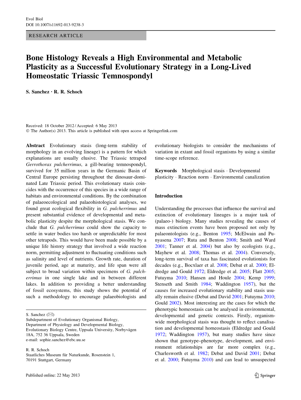 Bone Histology Reveals a High Environmental and Metabolic Plasticity As a Successful Evolutionary Strategy in a Long-Lived Homeostatic Triassic Temnospondyl