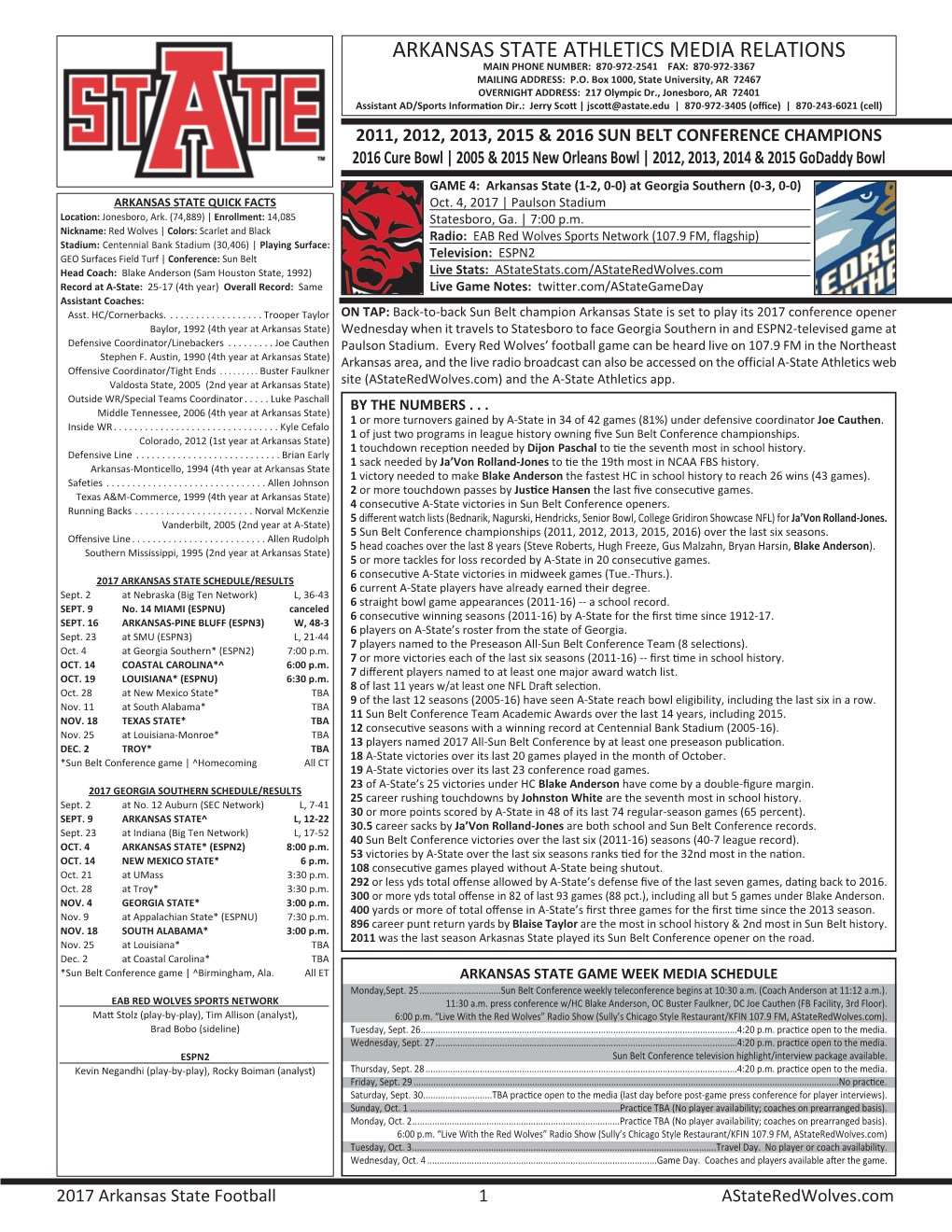 A-State Football Game Notes Vs Georgia Southern