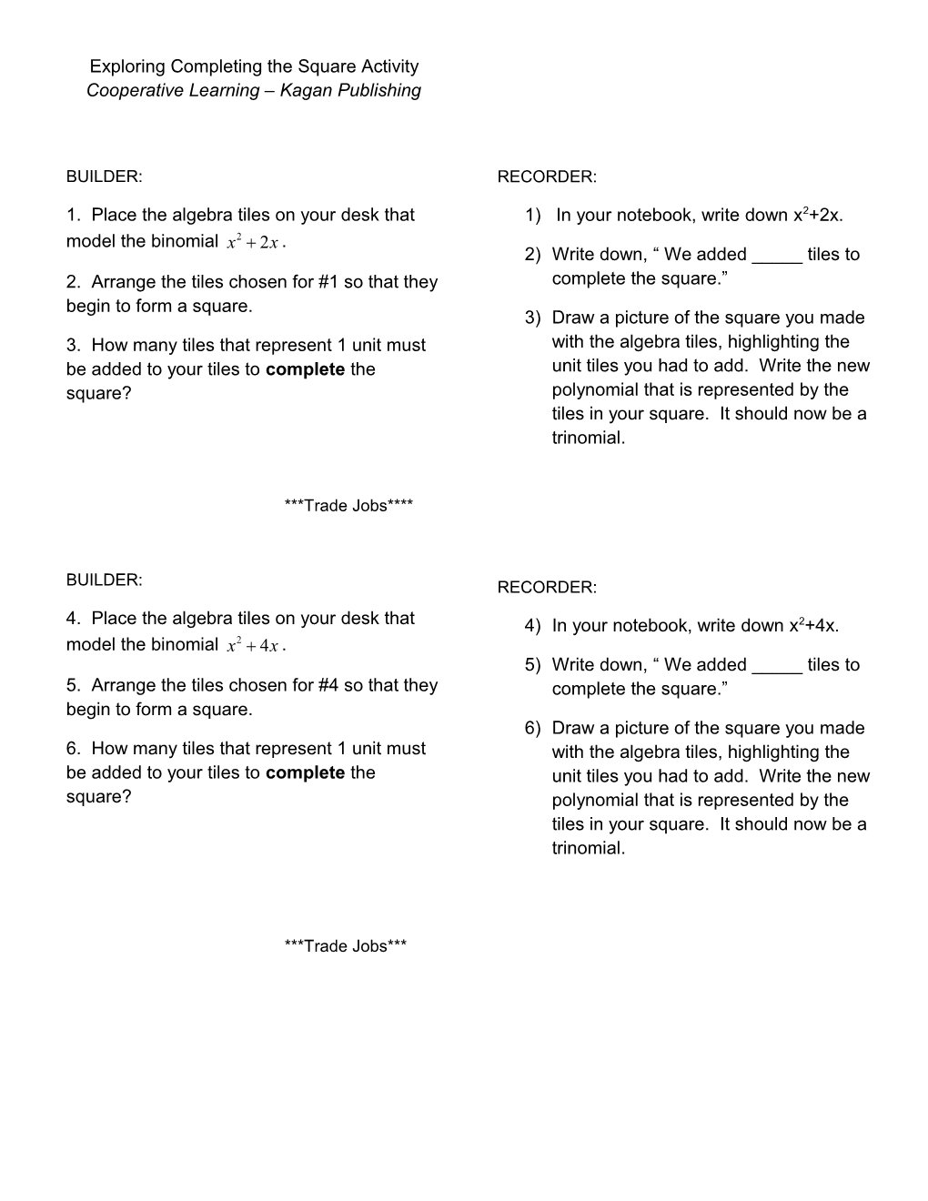 Exploring Completing the Square Activity