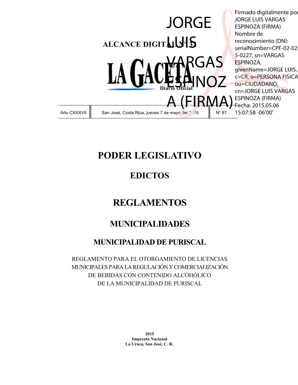 ALCANCE DIGITAL N° 32 a La Gaceta N° 87 De La Fecha 07 05 2015