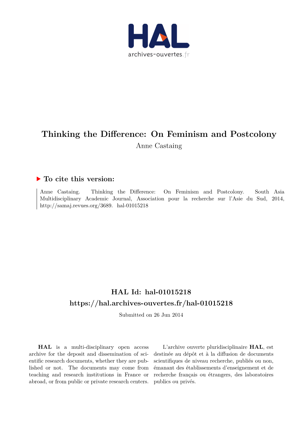 Thinking the Difference: on Feminism and Postcolony Anne Castaing