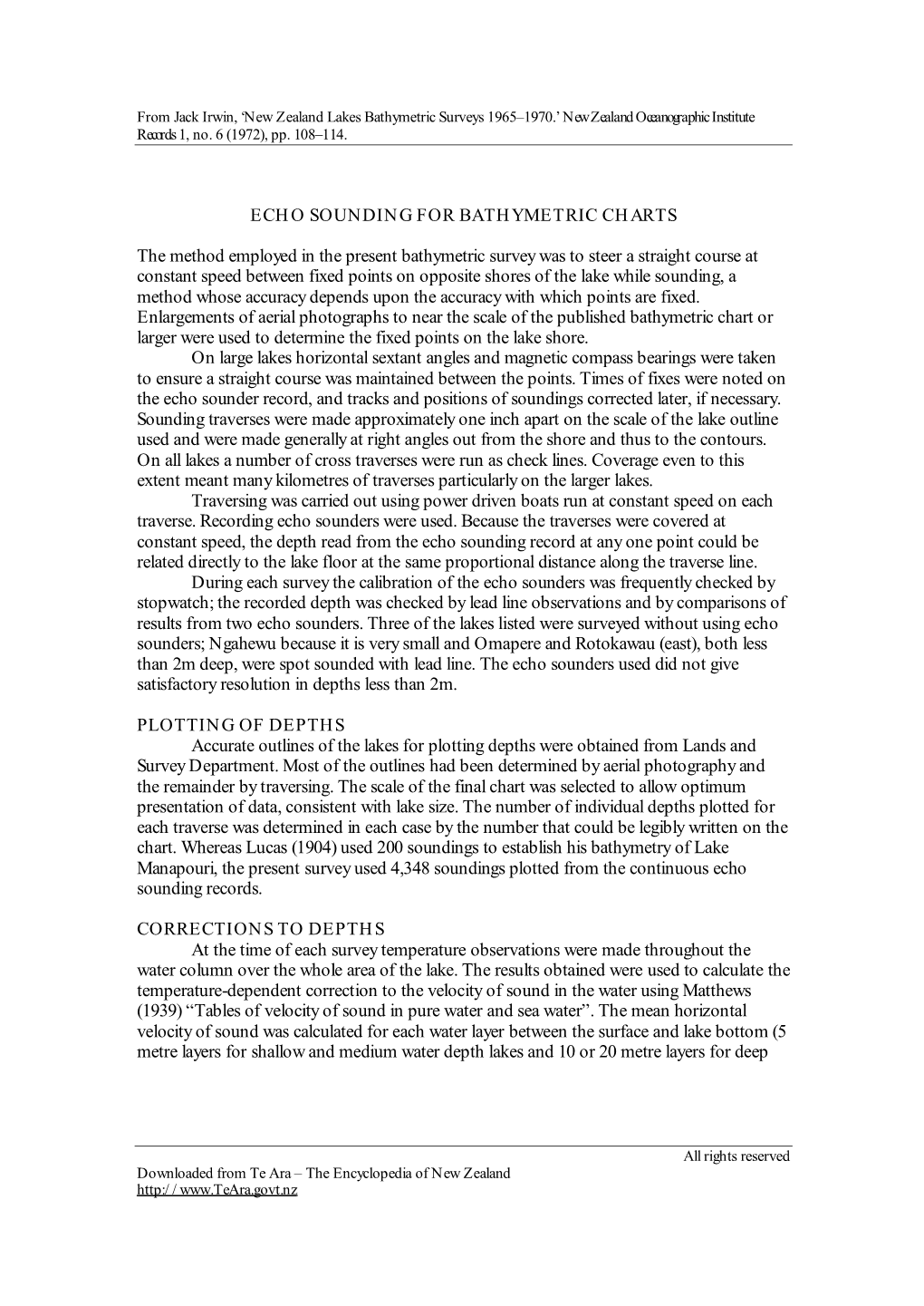 New Zealand Lakes Bathymetric Surveys 1965–1970.’ New Zealand Oceanographic Institute Records 1, No