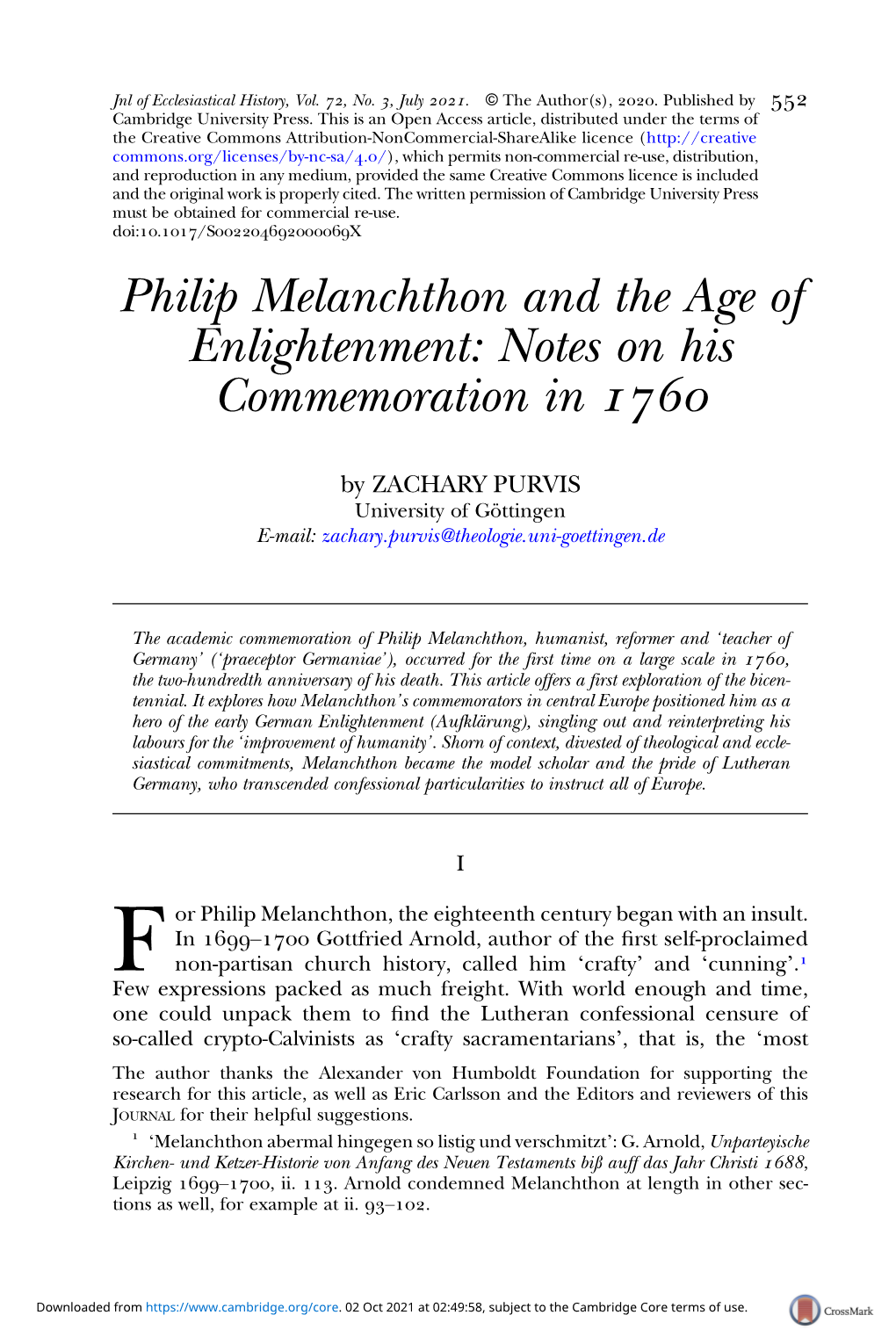 Philip Melanchthon and the Age of Enlightenment: Notes on His Commemoration in 