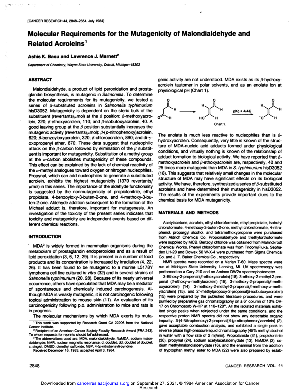 Molecular Requirements for the Mutagenicity of Malondialdehyde and Related Acroleins1