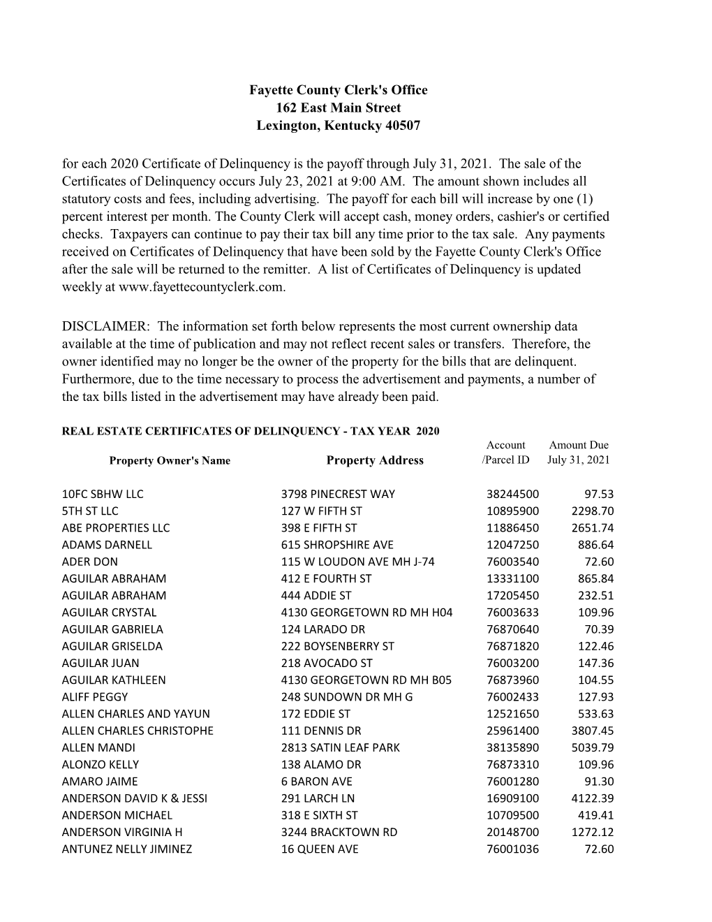 Certificate of Delinquency Is the Payoff Through July 31, 2021