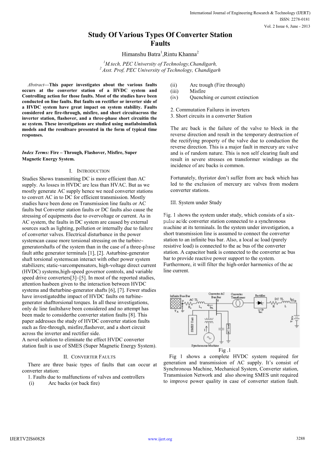 Study of Various Types of Converter Station Faults Himanshu Batra1,Rintu Khanna2 1M.Tech, PEC University of Technology,Chandigarh, 2 Asst