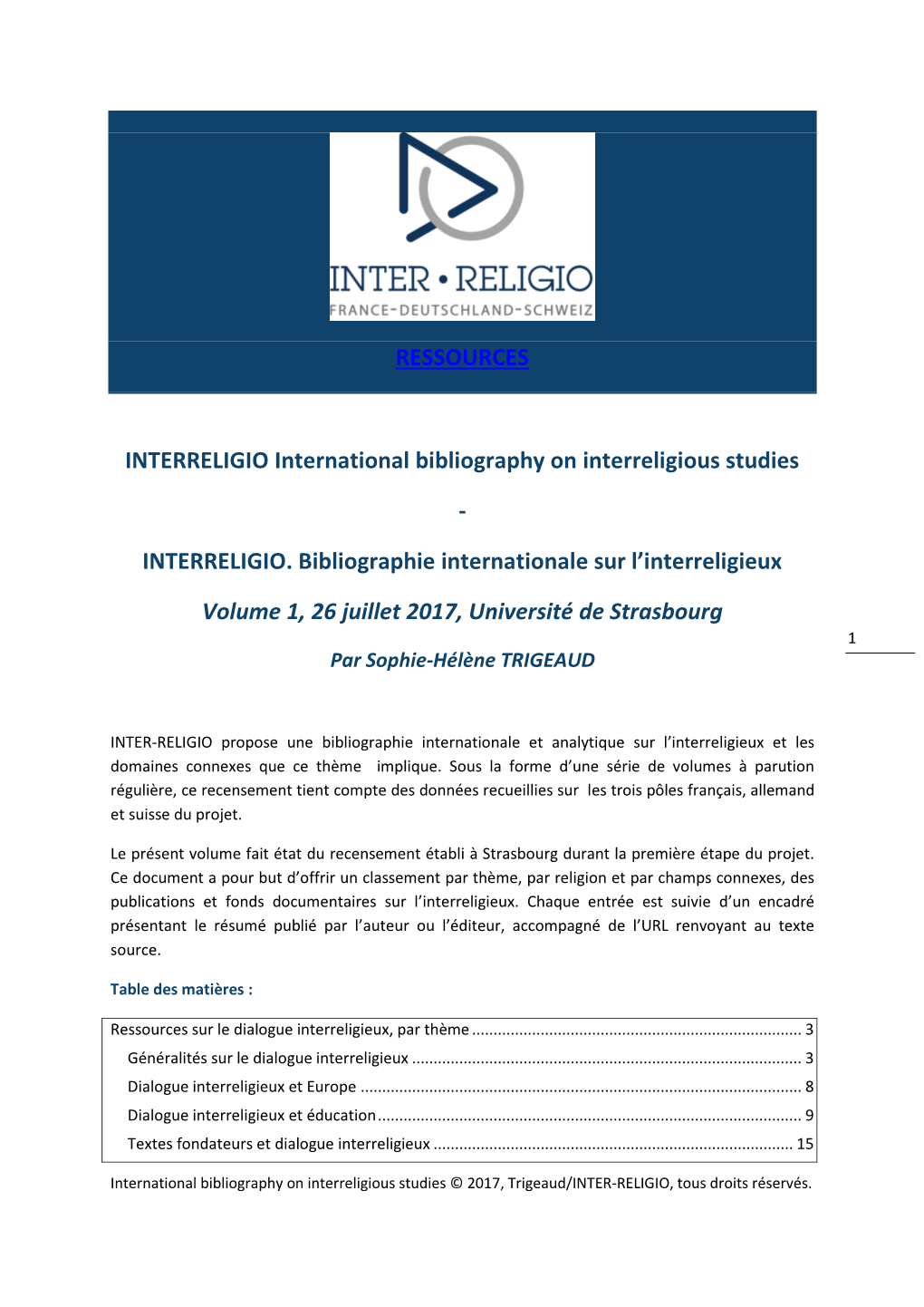 RESSOURCES INTERRELIGIO International Bibliography