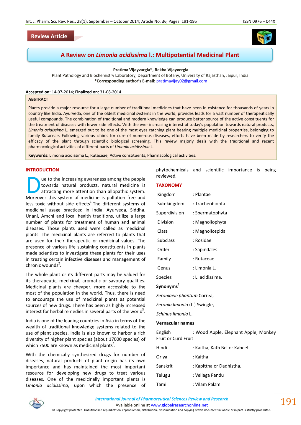 A Review on Limonia Acidissima L.: Multipotential Medicinal Plant