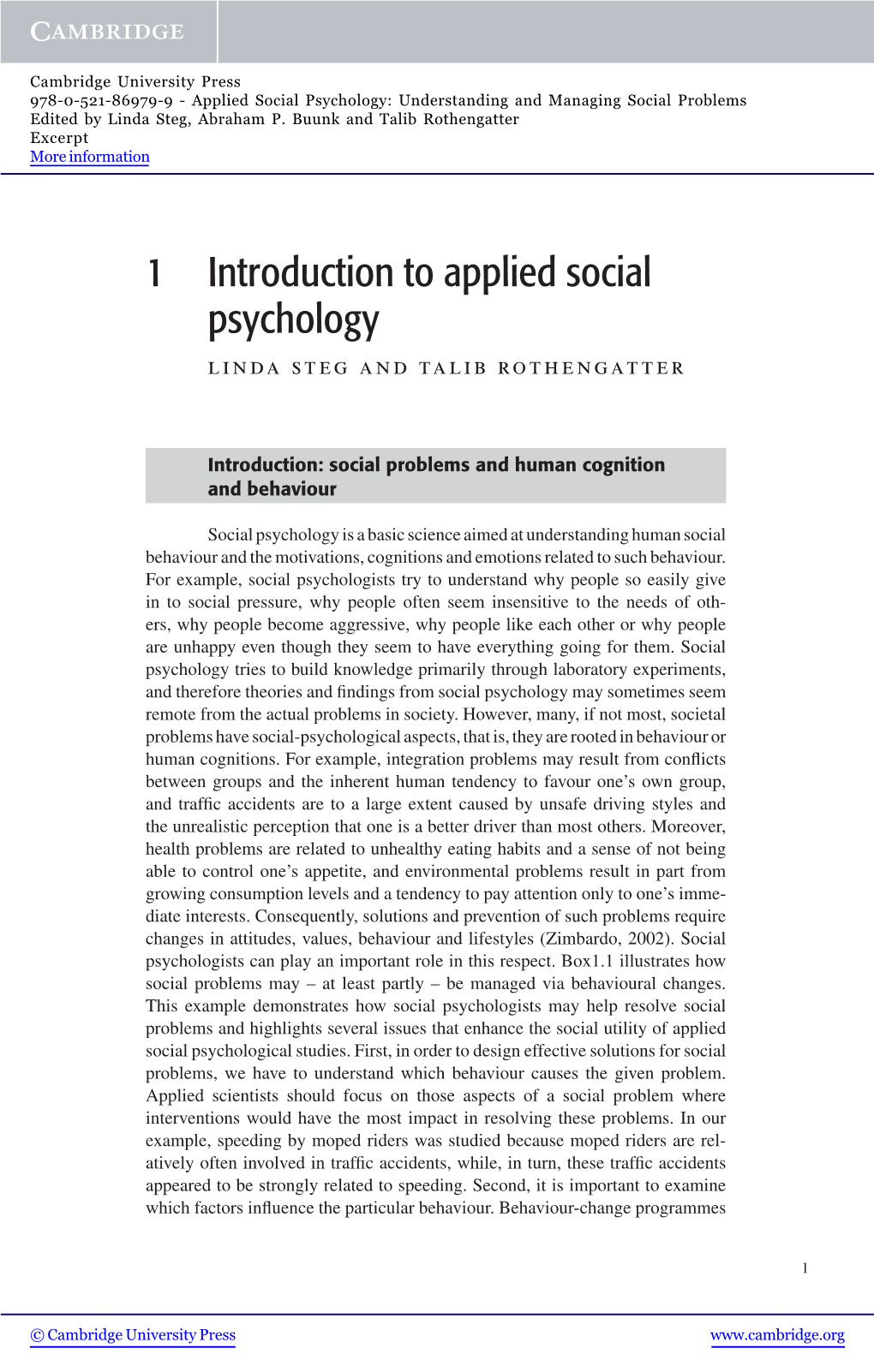 1 Introduction to Applied Social Psychology Linda Steg and Talib Rothengatter