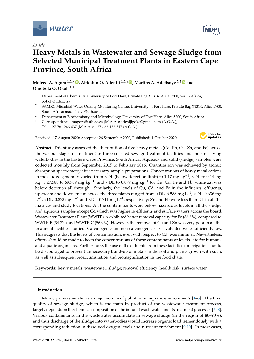 Heavy Metals in Wastewater and Sewage Sludge from Selected Municipal Treatment Plants in Eastern Cape Province, South Africa