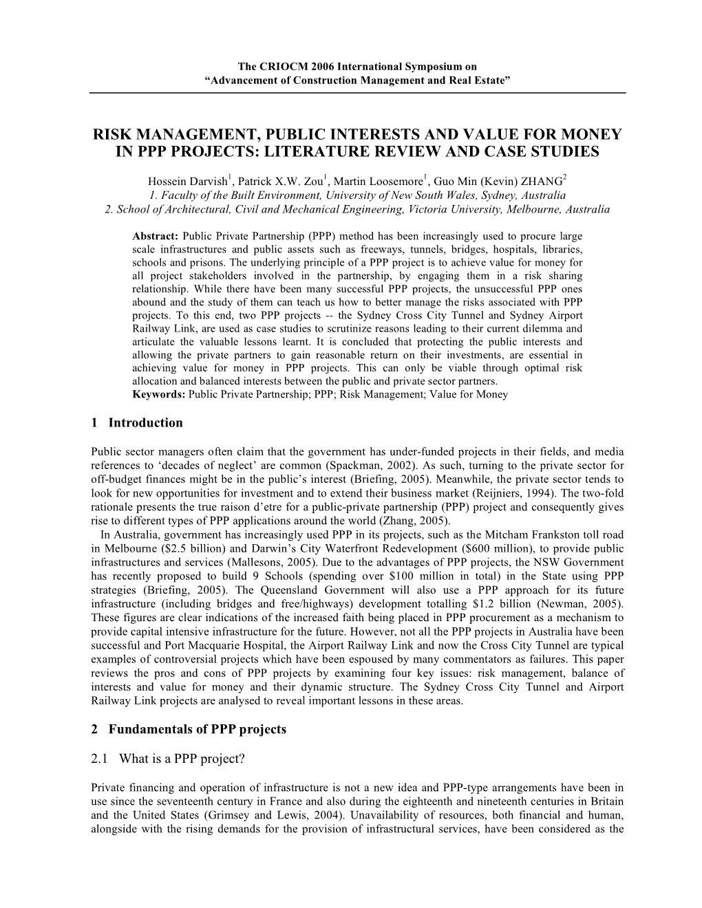 Risk Management, Public Interests and Value for Money in Ppp Projects: Literature Review and Case Studies