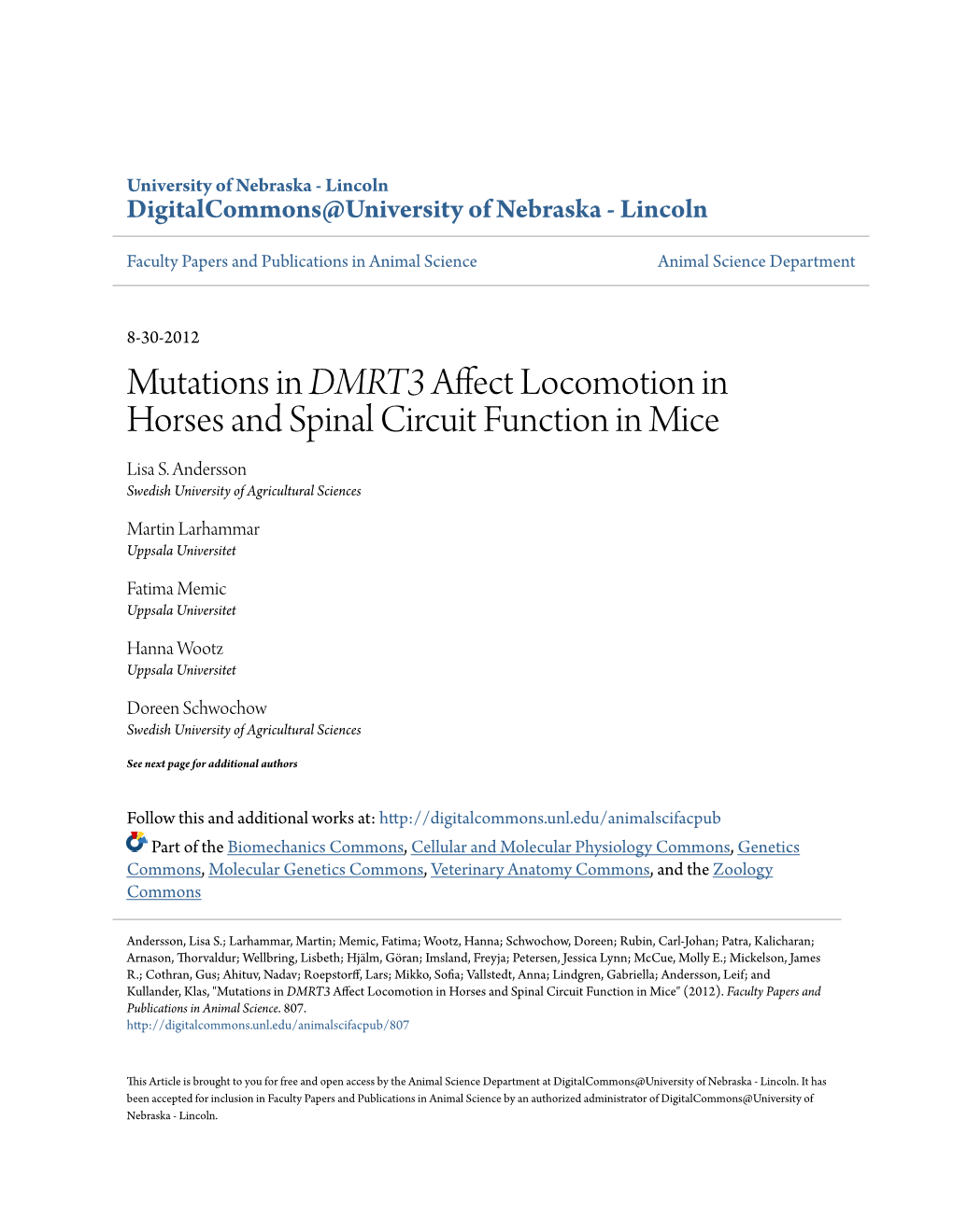 Mutations in DMRT3 Affect Locomotion in Horses and Spinal Circuit Function in Mice Lisa S