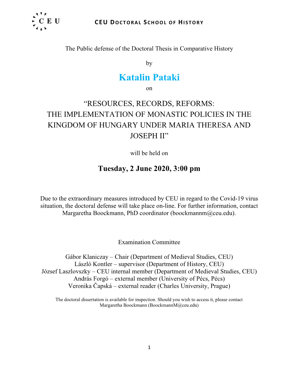 The Public Defense of the Doctoral Thesis in Comparative History