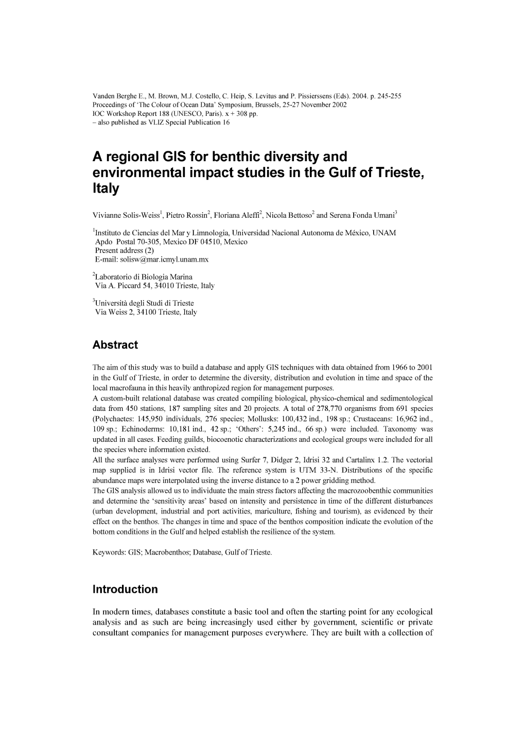 A Regional GIS for Benthic Diversity and Environmental Impact Studies in the Gulf of Trieste, Italy