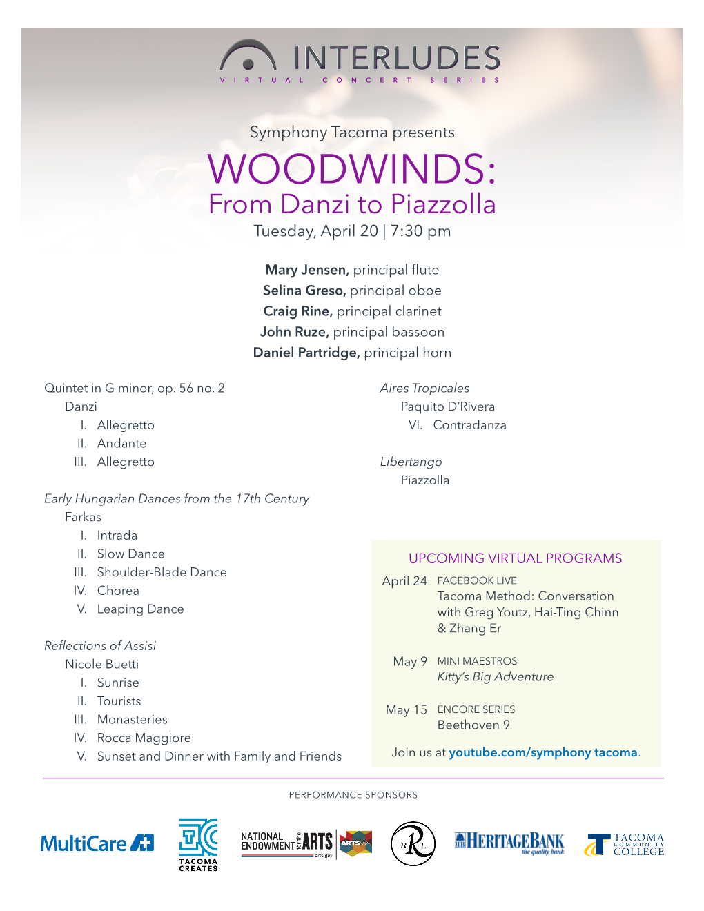 WOODWINDS: from Danzi to Piazzolla Tuesday, April 20 | 7:30 Pm