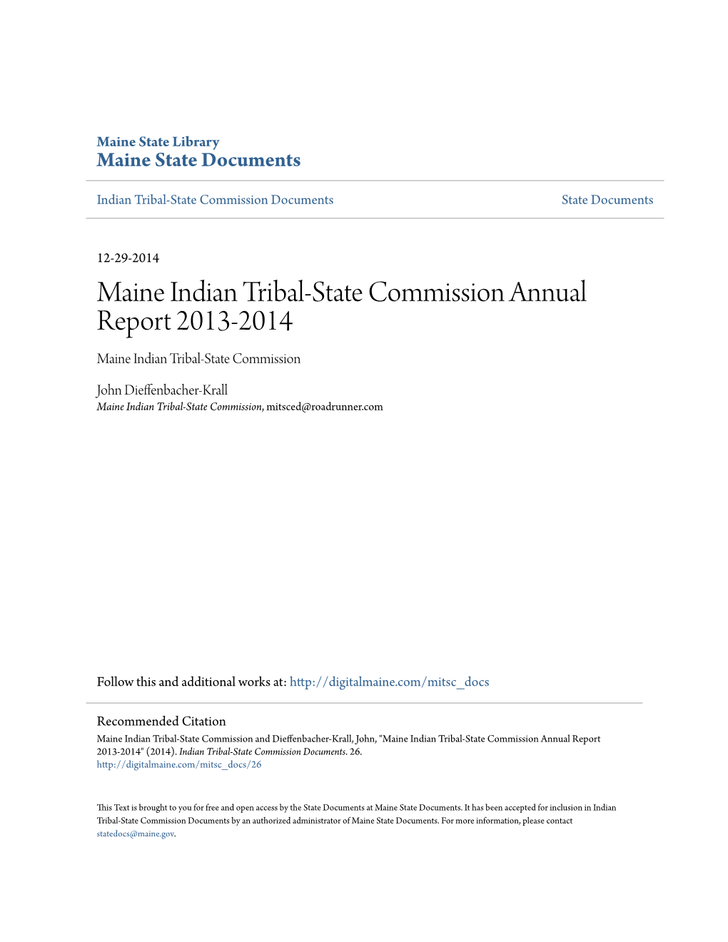 Maine Indian Tribal-State Commission Annual Report 2013-2014 Maine Indian Tribal-State Commission