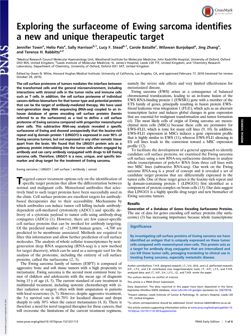 Exploring the Surfaceome of Ewing Sarcoma Identifies a New and Unique Therapeutic Target