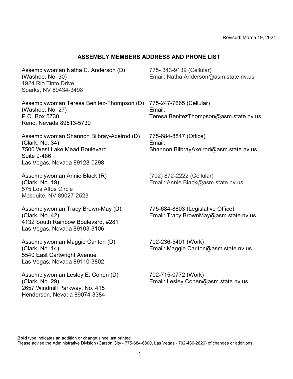 1 Assembly Members Address and Phone List