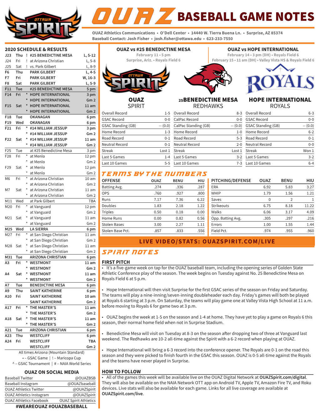 BASEBALL GAME NOTES OUAZ Athletics Communications • O’Dell Center • 14440 W