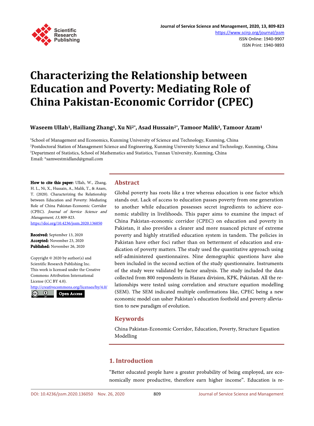 Characterizing the Relationship Between Education and Poverty: Mediating Role of China Pakistan-Economic Corridor (CPEC)