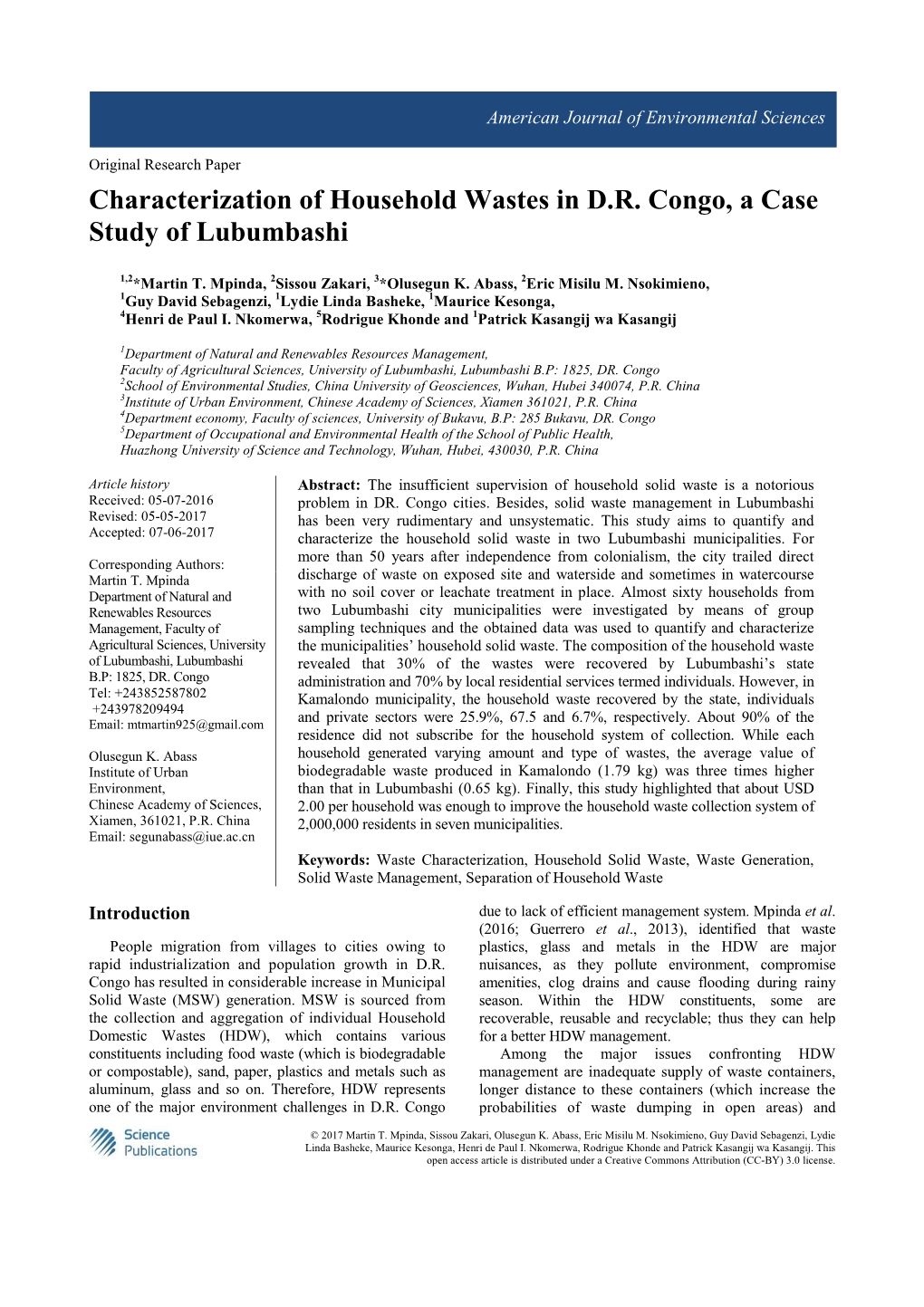 Characterization of Household Wastes in D.R. Congo, a Case Study of Lubumbashi