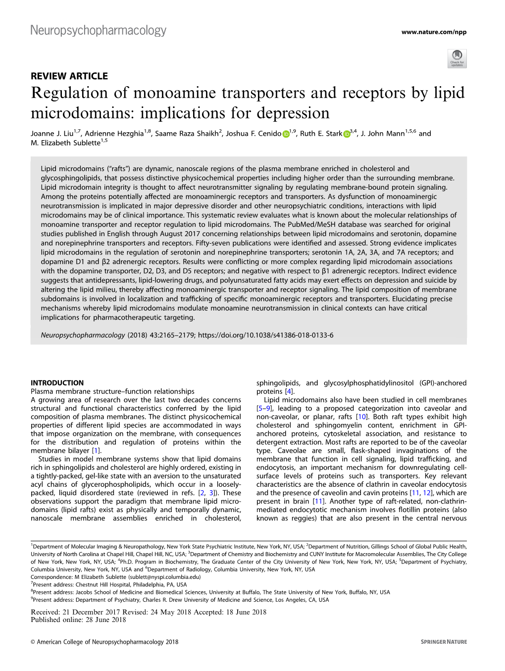 Regulation of Monoamine Transporters and Receptors by Lipid Microdomains: Implications for Depression