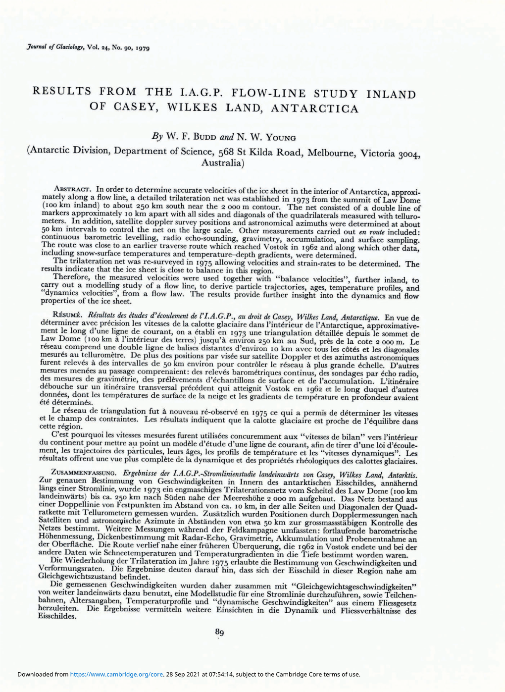 Results from the I.A.G.P. Flow-Line Study Inland of Casey, Wilkes Land, Antarctica