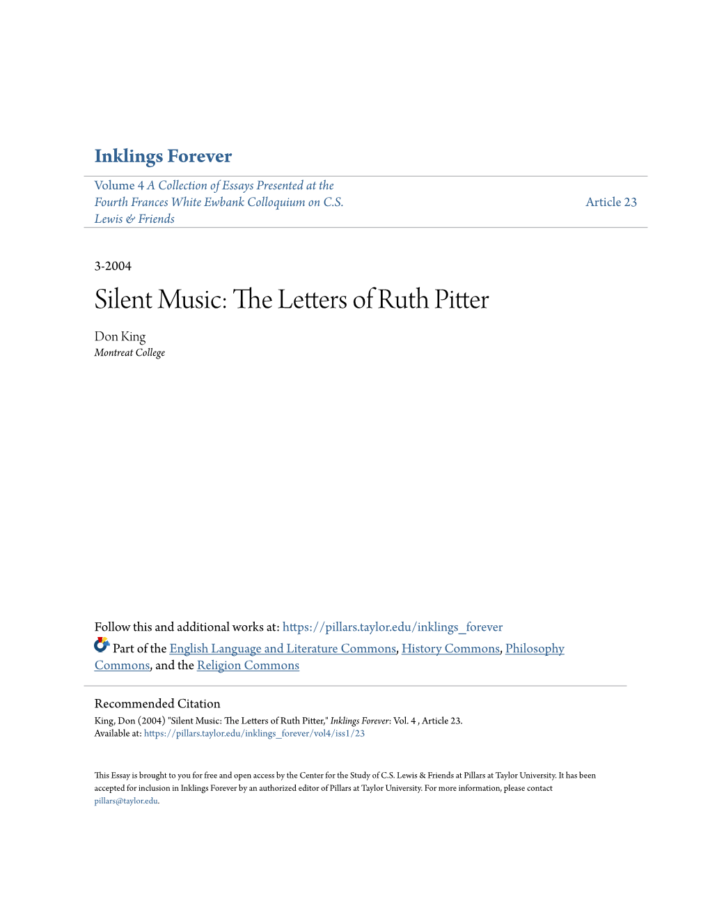 Silent Music: the Letters of Ruth Pitter Don King Montreat College