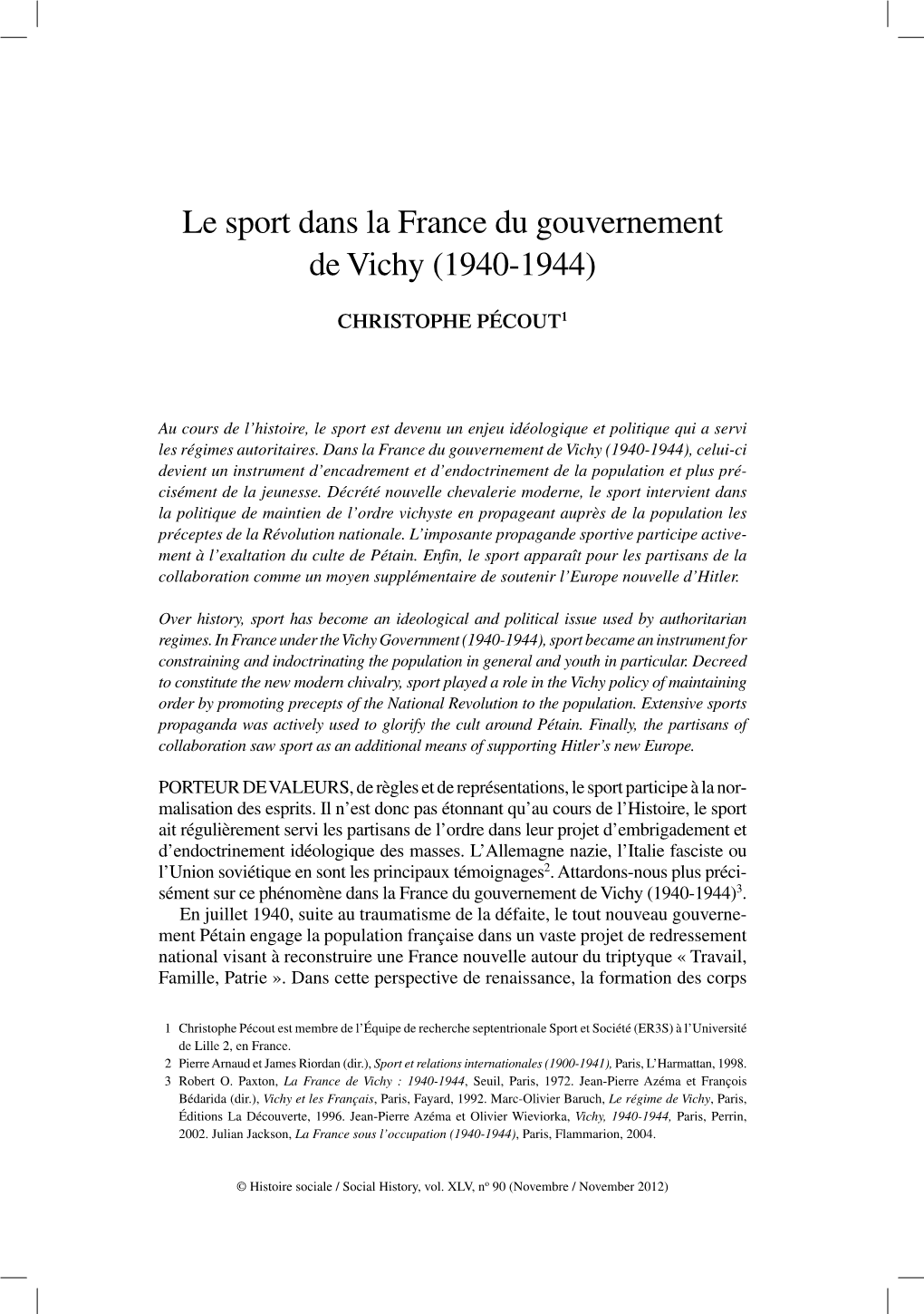 Le Sport Dans La France Du Gouvernement De Vichy (1940-1944)